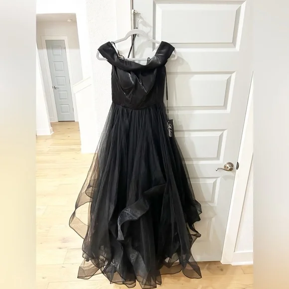 NWT La Femme 27224 Black Tulle Off Shoulder Gown - Picture 2 of 5